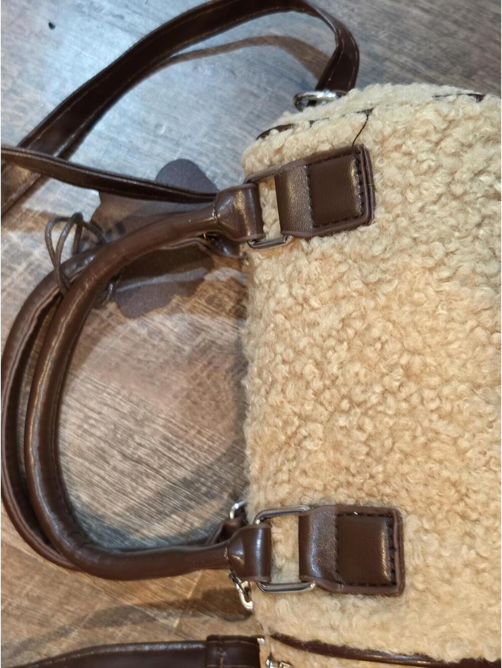 Hello Kitty Faux Shearling Barrel Crossbody Bag - Beige and Brown - Picture 3 of 8